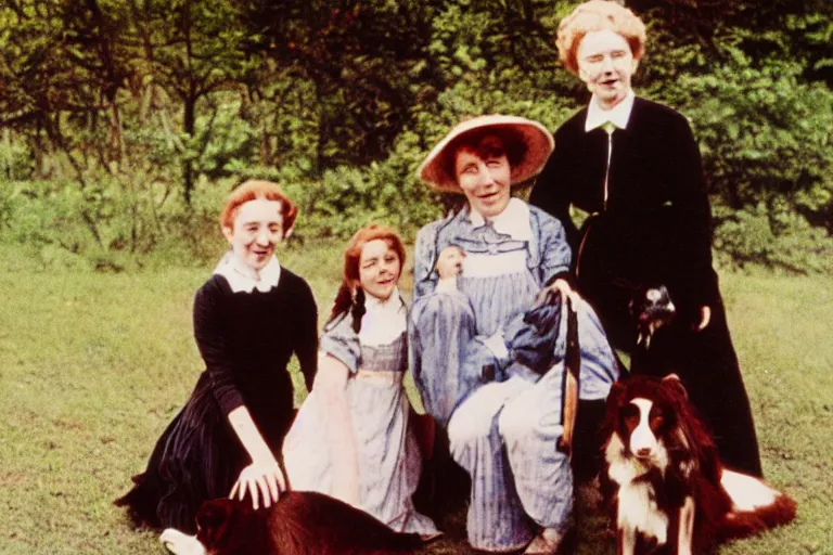 Image similar to autochrome photograph, family photo, anne of the green gables with her elder step parents, and a border collie sitted aside.