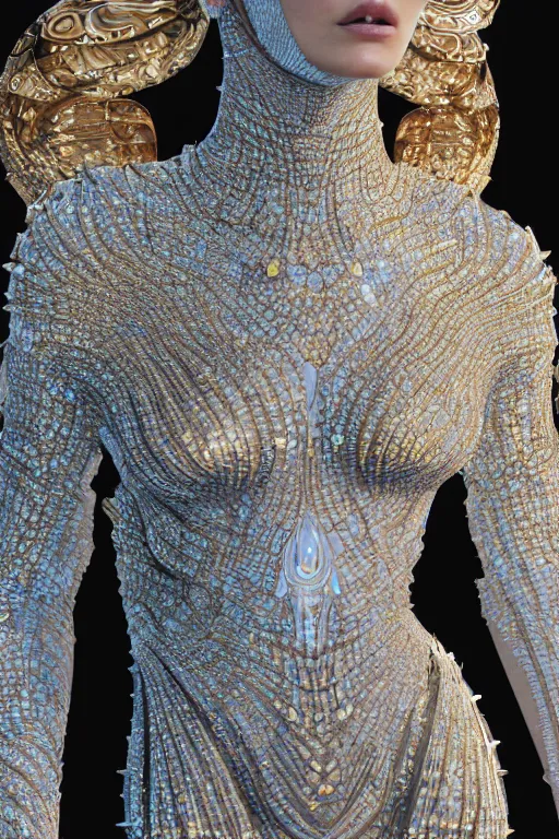 Image similar to a highly detailed metahuman 4 k close up render of an alien goddess bella hadid as universe in iris van herpen dress schiaparelli in diamonds crystals swarovski and jewelry in style of alphonse mucha gustav klimt trending on artstation made in unreal engine 4