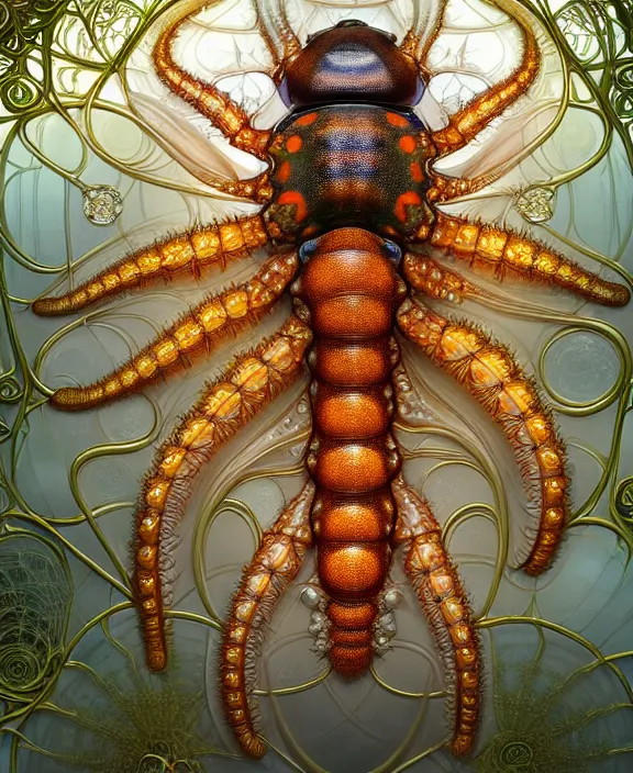 Image similar to intricate ornate opulent transparent clear see - through portrait of a playful beautiful starfish mollusk beetle, fractal, adorable, childlike, overgrown biopunk jungle environment, ultra realistic, concept art, art nouveau, photorealistic, octane render, 8 k, unreal engine. art by christopher marley and artgerm and greg rutkowski and alphonse mucha