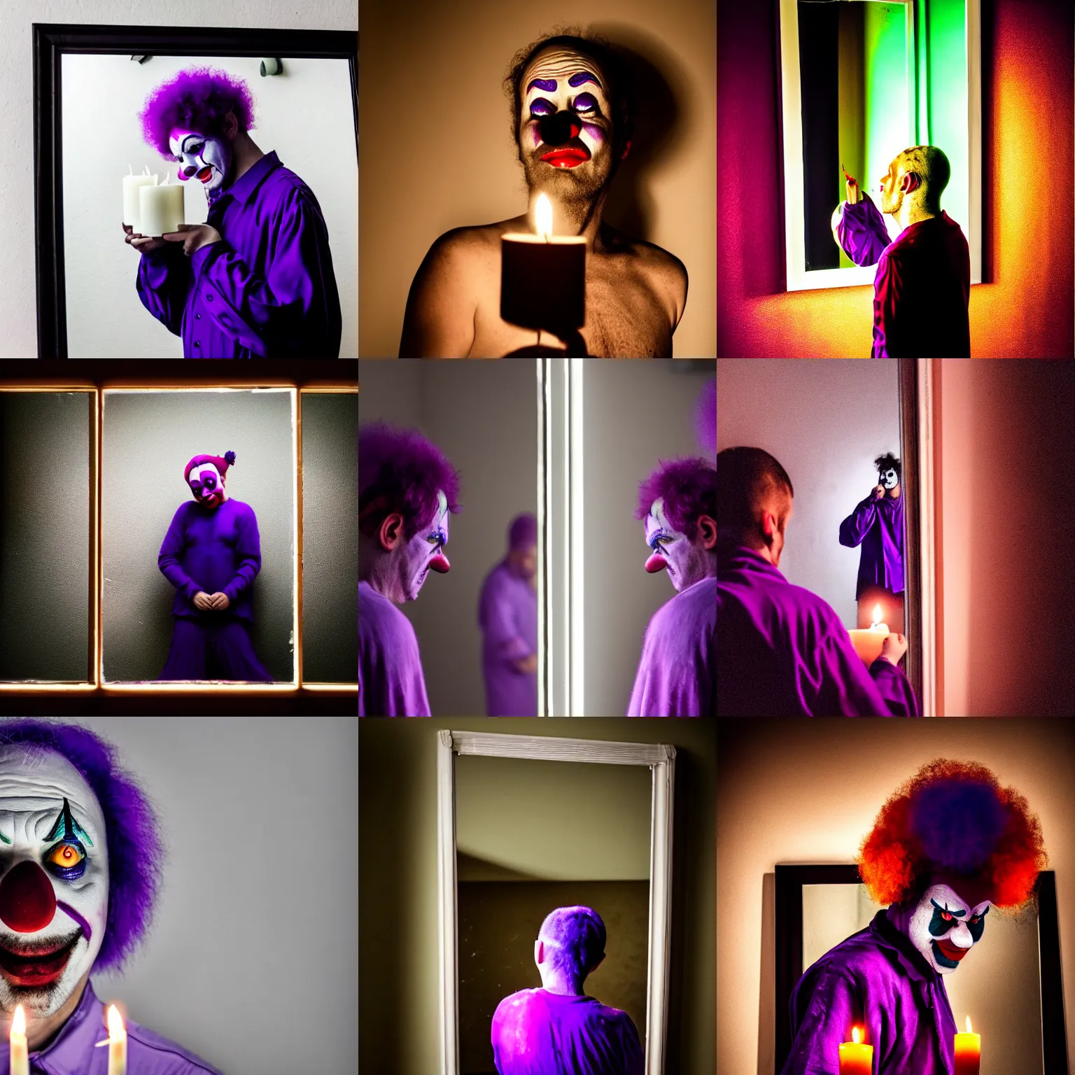 Prompt: a clown dressed in purple looking at himself in a mirror. the clown is holding a candle. the mirror is cracked broken mirror shattered. dark moody natural lighting