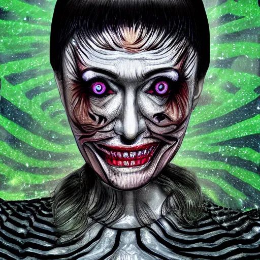 Image similar to putin in drag scariest horror nightmare by junji ito, digital art, deepdream cosmic, 3 d high definition, trending on artstation, photorealistic, high resolution, 8 k, octane, hyper detailed, trending on deviantart insane details, intricate, elite, ornate, elegant trend, highly detailed and intricate, sharp focus, photography, unreal engine