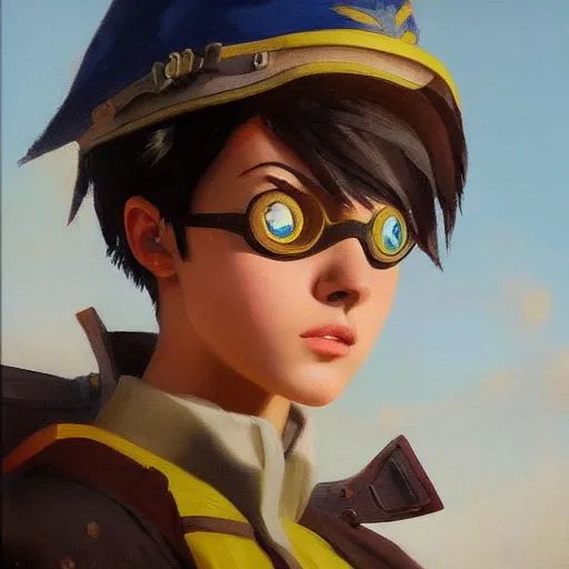 Prompt: oil painting of tracer overwatch in a field wearing spiked collar uniform, in style of ivan aivazovsky, expressive face, detailed face, detailed eyes, full body, feminine face, tracer overwatch,