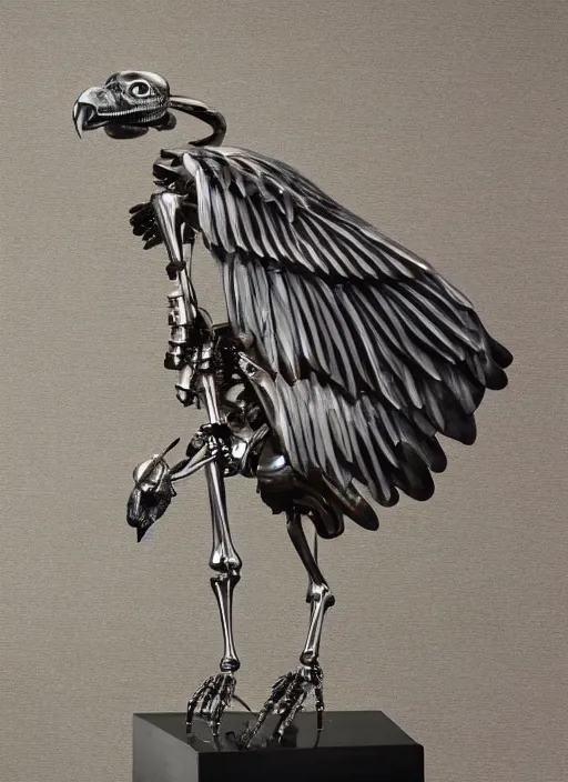 Image similar to a vulture skeleton sculpture made with polished stainless steel, shining and glossy by bernini