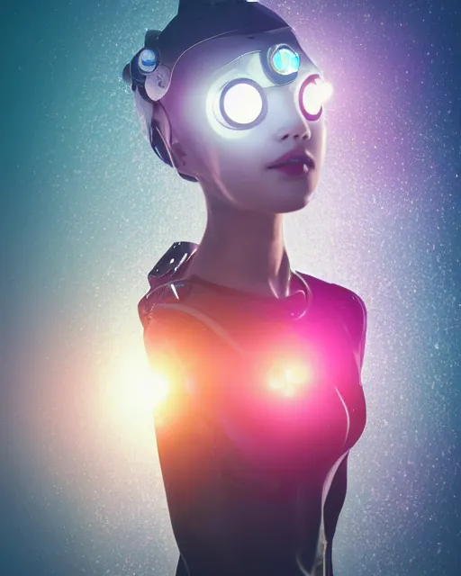 Prompt: beautiful centered photo portrait of korean girl as a solarpunk robotic humanoid with white mechanical parts with bright halogen lights, treading on calm water, ultra - realistic and detailed, sun lit, white background, bokeh, soft focus, slow exposure hdr 8 k