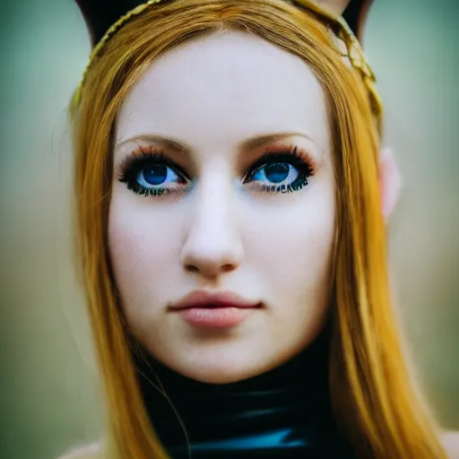 Prompt: an extremely beautiful!!!! young blonde woman with symmetric face. sensual. wearing a cosplay of slave leia in a star wars convention. petzval lens. shallow depth of field. on flickr, award winning. ethnographic portraiture photograph