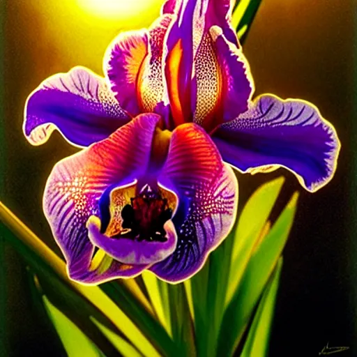 Image similar to detailed surreal holographic orchid iris hybrid flower with lsd dew drops on petals, backlit, sunset, refracted lighting, photorealistic, soft, sharp focus, art by collier, albert aublet, krenz cushart, artem demura, alphonse mucha