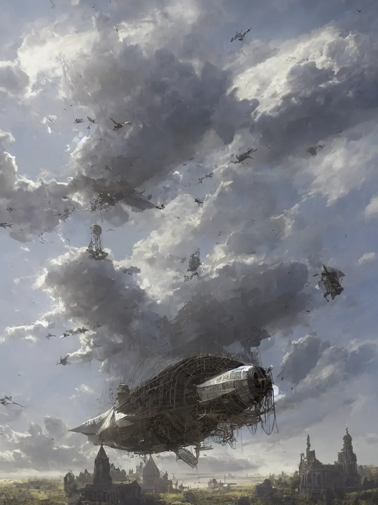 Image similar to a large dieselpunk airship is standing in the air over a splendid white church in russia, full morning sun, matte painting by greg rutkowski, craig mullins, ilya repin