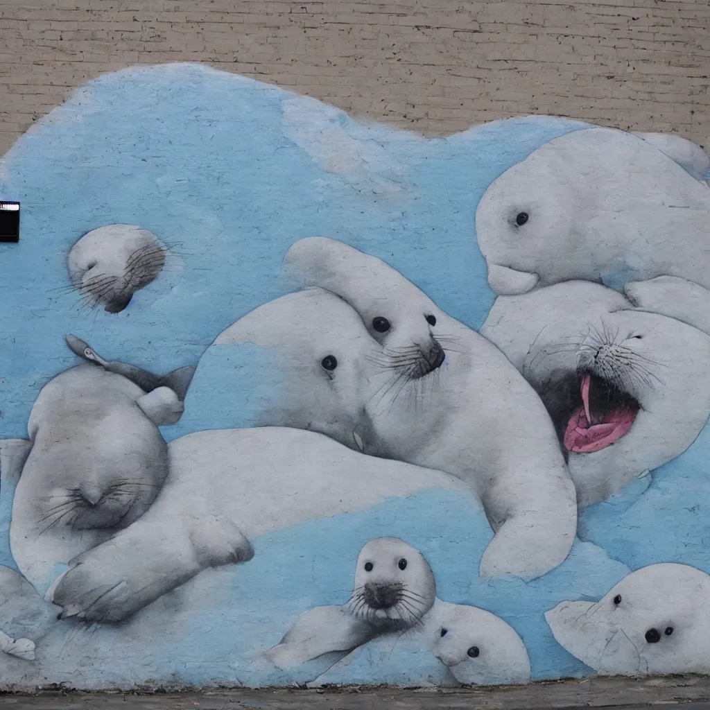 Prompt: a baby harp seal and large walrus, street art