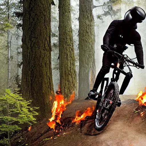 Image similar to darth vader ist riding a mountainbike fast through a burning forrest