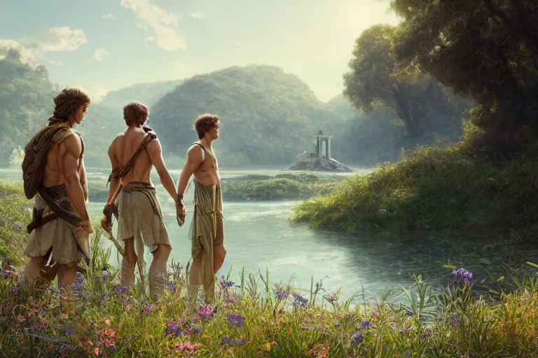 Prompt: handsome achilles and patroclus in elysium, beautiful, sunlit landscape, river, flowers, greek temple, grass, ultra realistic, ethereal, vibrant, octane render, alphonse mucha, rossdraws, greg rutkowski, illustration, smooth, very detailed, 8 k elegant, lonely atmosphere, sharp focus, vibrant