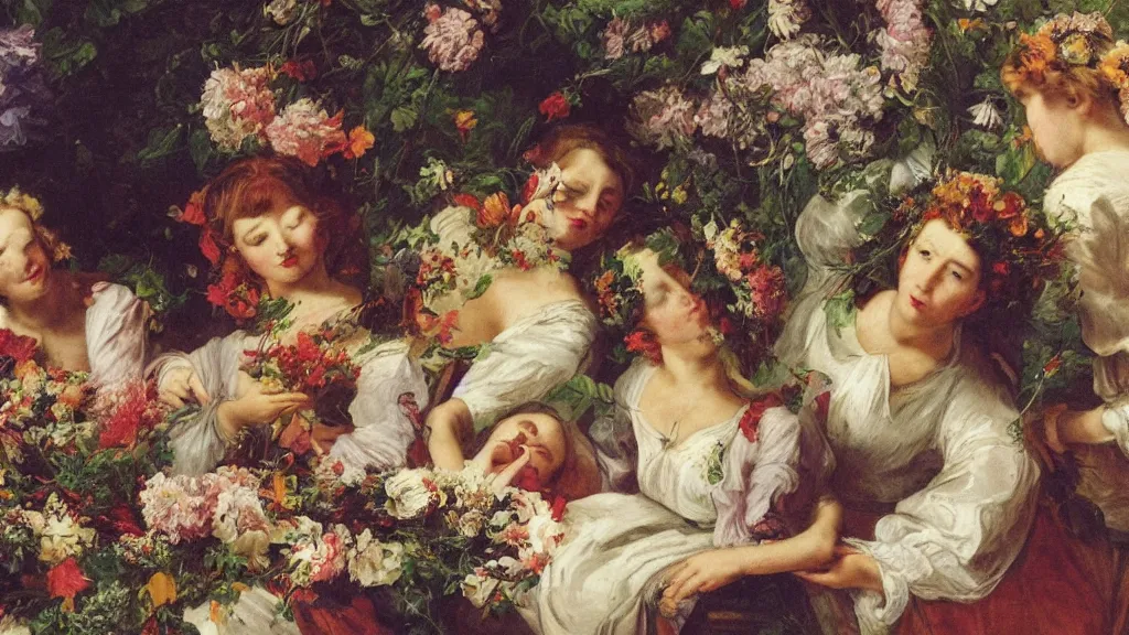 Prompt: A young guy's head is lying in a beautiful bouquet of flowers on a table, and his sisters are looking on, ancient fairy tale style