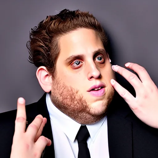 Prompt: studio photo of jonah hill being annoyed rubbing his eyes with fingers, photorealistic, frame, 50mm