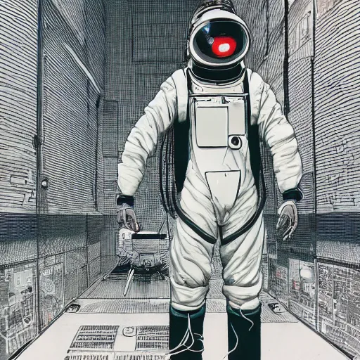 Image similar to cyberpunk japanese man with long limbs and a black spacesuit on a spacewalk, techwear, Industrial Scifi, detailed illustration, character portrait, by Martin Grip and Moebius