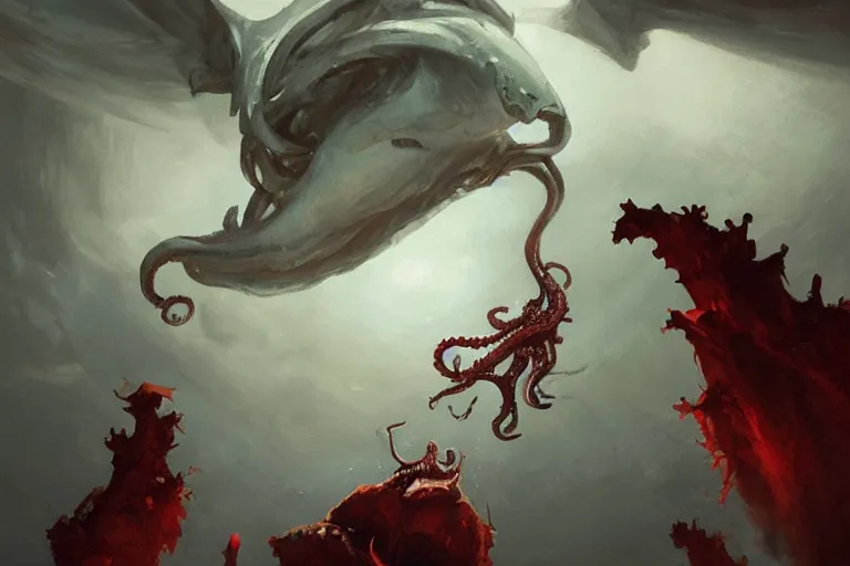 Image similar to painting by greg rutkowski of a flying chalk white head, with tentacles coming of the neck, red eyes, flying in a terrying hell like cavernous place