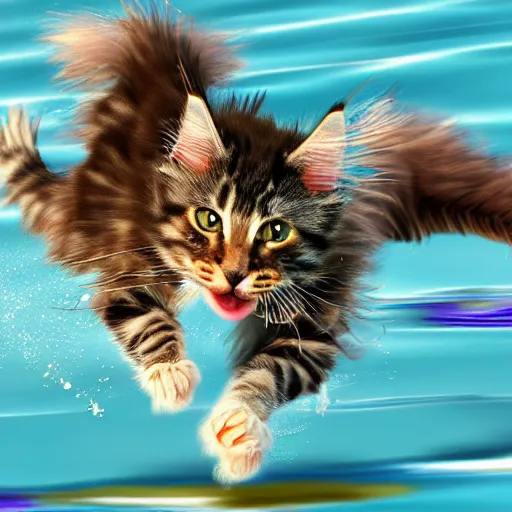 Image similar to Anthromorphic Maine coon kitten is Water skiing and doing trick poses, action shot. At south beach FL. 3D render but digital art, by Lenoid afremov