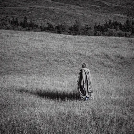 Prompt: old prophet wandering about a meadow. midday. direct overhead sunlight. harsh shadows. aperture 1 6. iso 1 0 0