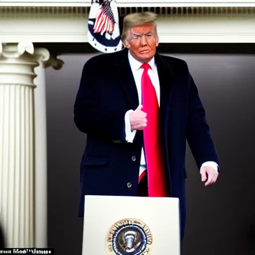 Prompt: extremely damp, wet, sweaty president donald trump, very fat, photograph on the white house lawn