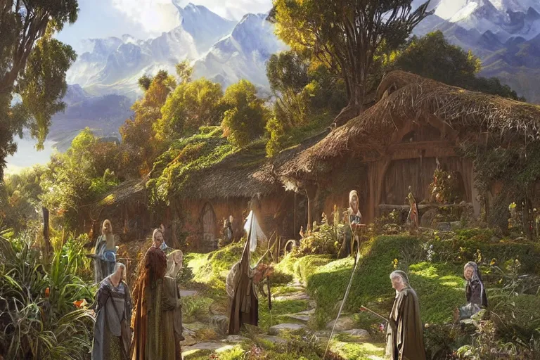 Image similar to a lord of the rings village in large new zealand landscape, shiny colors, high - key lighting, beautiful composition, intricate, elegant, pro photography by, highly detailed, art by artgerm and greg rutkowski and alphonse mucha