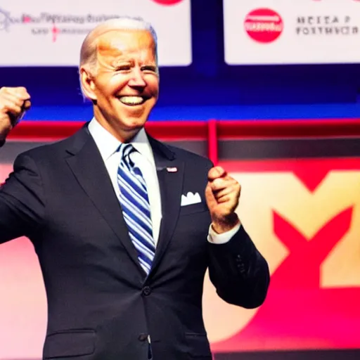 Image similar to Photograph of Joe Biden popping off after winning in a Smash Bros. tournament