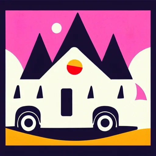 Image similar to a white and black cute thor chateau! motorhome camper!!, mountains, colorful sunset!!, stencil art by tom whalen