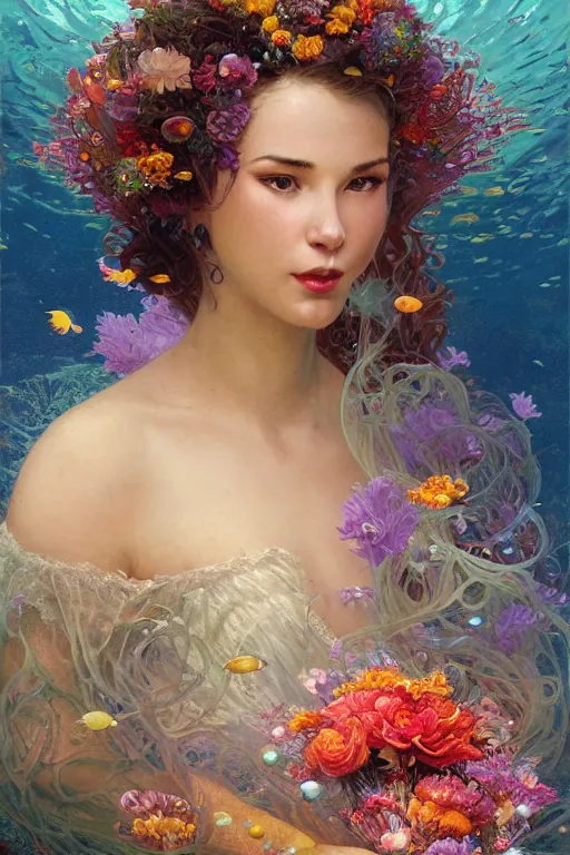 Image similar to portrait of a beautiful mysterious woman holding a bouquet of flowing flowers, small bubbles from her mouth, hands hidden under the bouquet, submerged underwater filled with colorful small fish and coral reef, fantasy, regal, intricate, by stanley artgerm lau, greg rutkowski, thomas kindkade, alphonse mucha, loish, norman rockwell