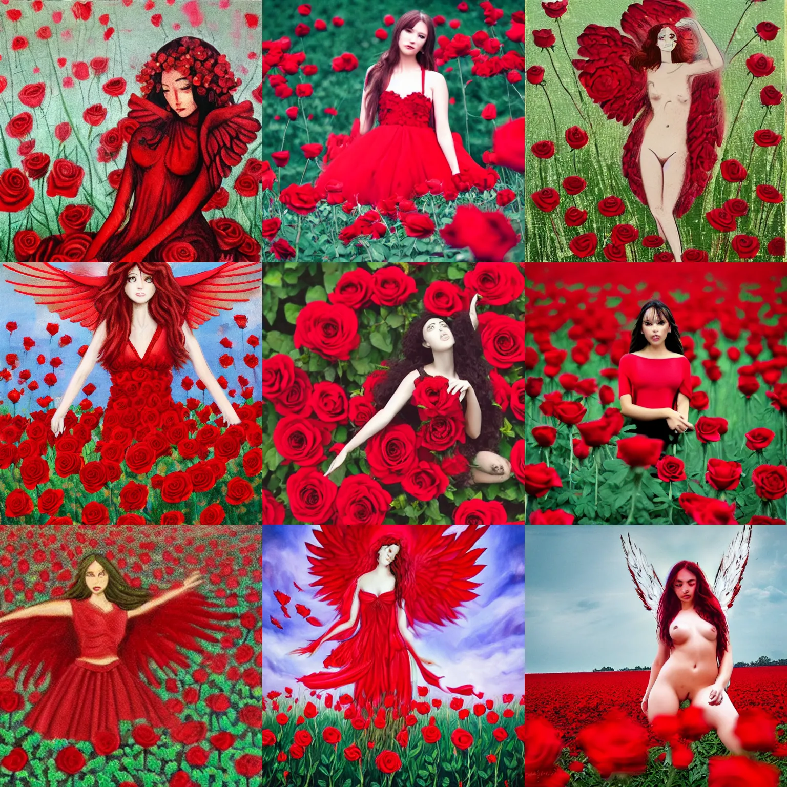 Prompt: red angel in a field of burning roses