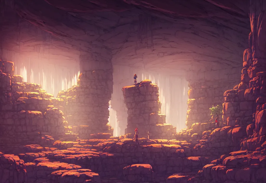 Image similar to interior with rocks piles and rocks columns, underground caves background, dark, night time, high detail illustration, sharp high detail, manga and anime 1 9 9 9, official fanart behance hd artstation by jesper ejsing and makoto shinkai, 4 k,