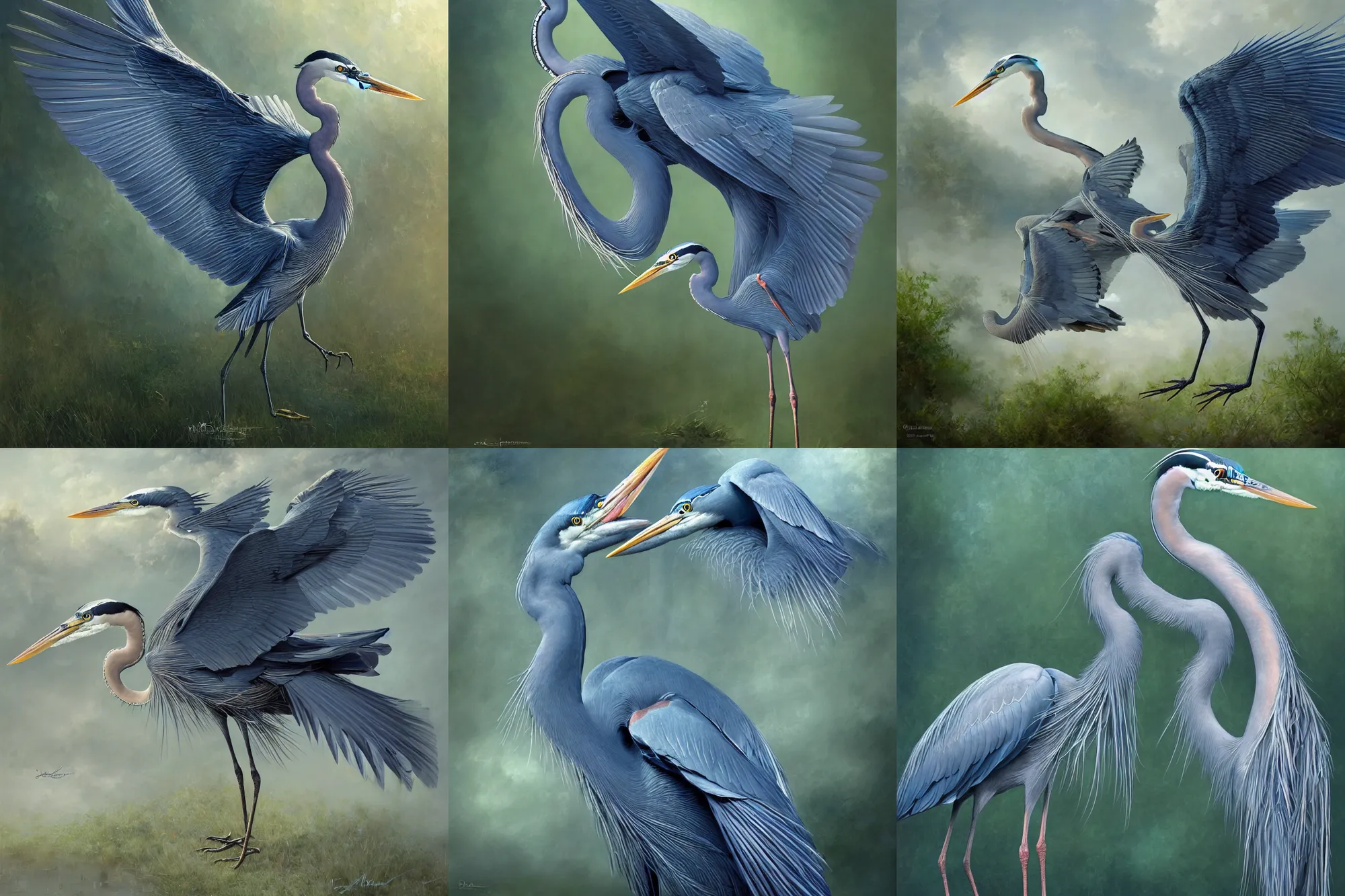 Prompt: portrait of a majestic blue heron spreading his wings, lush green background, digital painting, extremely detailed, 4k, intricate, brush strokes, Mark Arian, Artgerm, Bastien Lecouffe-Deharme