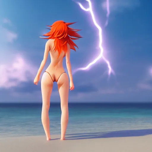 Prompt: render as a very beautiful 3d anime girl, short orange red hair, hazel eyes, full round face, short smile, white silver bikini, serene beach setting, cinematic lightning, medium shot, mid-shot, highly detailed, trending on Artstation, Unreal Engine 4k, cinematic wallpaper