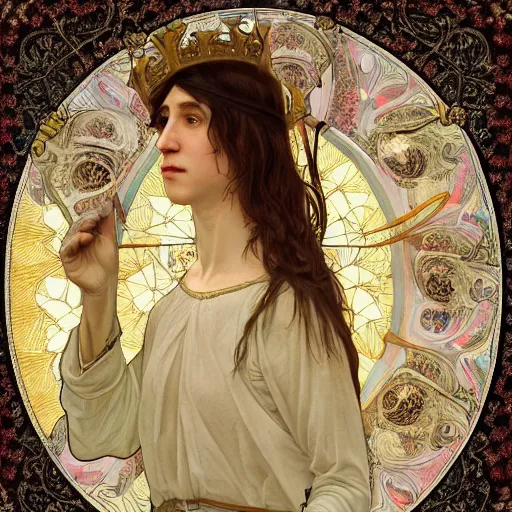 Image similar to portrait of charlotte gainsbourg as joan of arc, hyperreal digital painting, iconography influenced by alphonse mucha and eugene delacroix, arstation and deviantart trends, high resolution 8 k