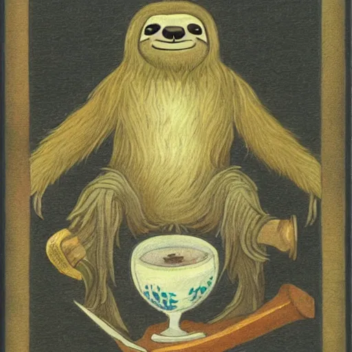 Image similar to sloth as the king of cups, full view, traditional art