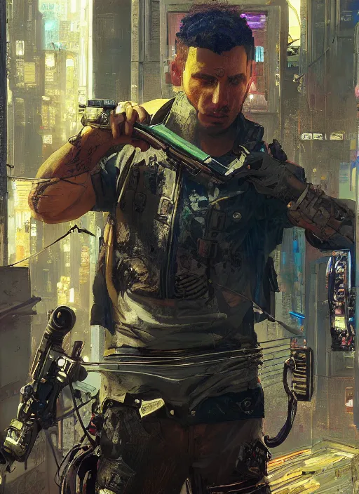 Image similar to Ezra. Cyberpunk mercenary in tactical gear climbing a security fence. rb6s, (Cyberpunk 2077), blade runner 2049, (matrix). Epic painting by Craig Mullins and Alphonso Mucha. painting with Vivid color.