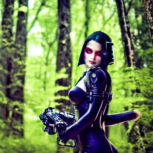 Image similar to sensual cyberpunk girl with mechanical eye in a forest