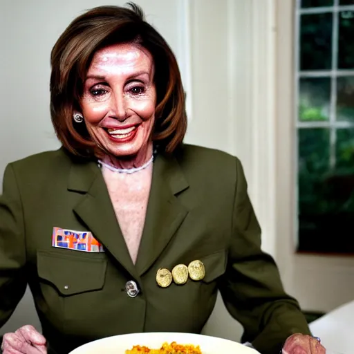 Image similar to a photograph of nancy pelosi wearing an army uniform while eating a large plate filled with scrambled eggs