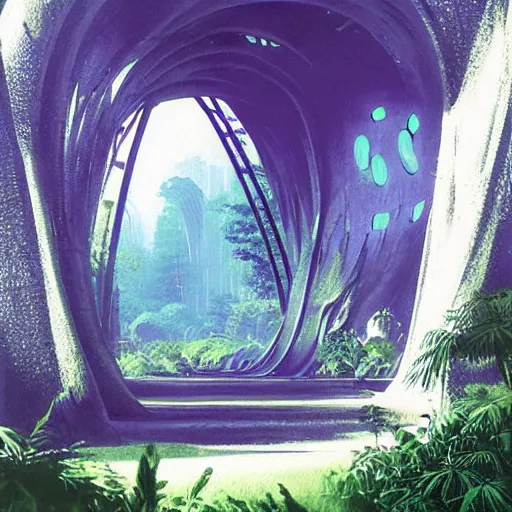 Prompt: portal in a middle of a lush futuristic forest, syd mead, john harris