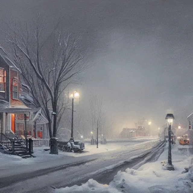 Prompt: a beautiful painting of a small new england town engulfed in a noreaster blizzard by rutkowski and rockwell, white out blizzard, horror concept art, detailed, art gallery quality, cinematic lighting