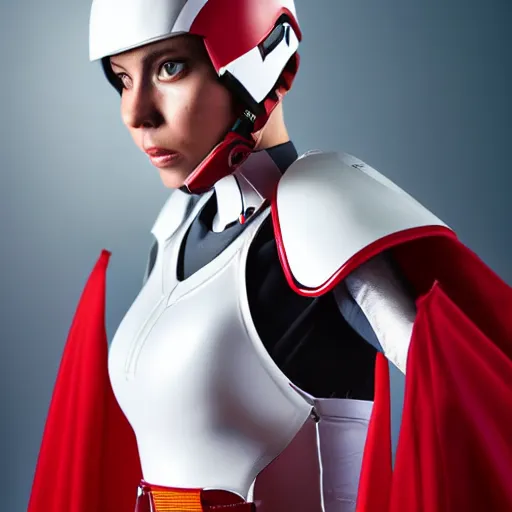 Image similar to headshot of a athletic female soldier in glossy sleek white armor with tiny red details and a long red cape, heroic posture, determined expression, shouting, on the surface of mars, night time, dramatic lighting, cinematic, sci-fi, hyperrealistic