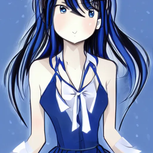 Image similar to a woman in a blue dress with a tie around her neck, an anime drawing by Jin Homura, featured on pixiv, lyco art, pixiv, anime, deviantart hd