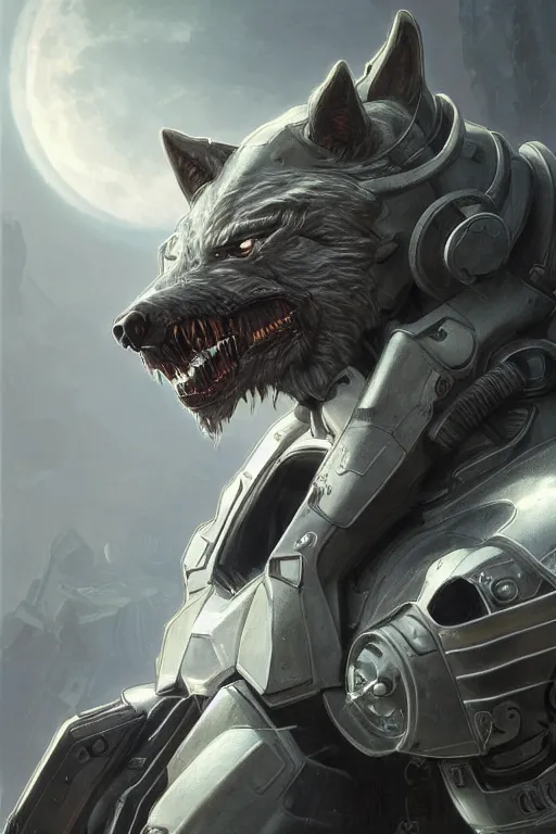 Image similar to portrait painting of a cybernetic grey werewolf with power armor, ultra realistic, concept art, intricate details, eerie, highly detailed, photorealistic, octane render, 8 k, unreal engine. art by artgerm and greg rutkowski and alphonse mucha