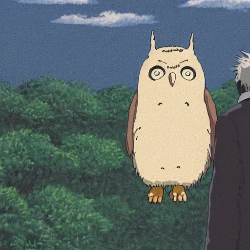 Image similar to still from studio ghibli movie My Neighbor Totoro, Hayao Miyazaki,barn owl in a black suit wearing an office bag going to the office, symetrical face,digital oil painting