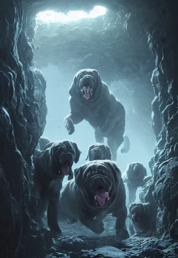 Prompt: three lovecraftian rabies mastiffs attacking inside a claustrophobic dark blue canyon of stone, tendrils of black shadow, monsters, digital art, greg rutkowski, unreal engine, octane render, cinematic lighting, highly detailed