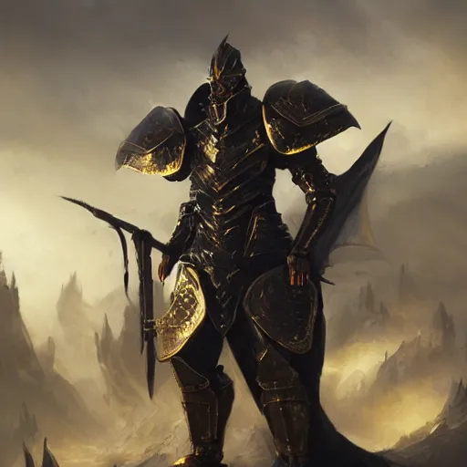 Image similar to anthropomorphic dragon warrior stands tall wearing black and gold plate armor, oil painting, Tooth Wu, Greg Rutkowski, RPG, dynamic lighting, fantasy art, High contrast, depth of field