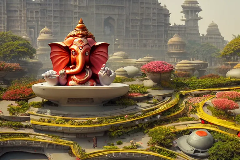 Image similar to beautiful futuristic new delhi, sci - fi ganesha!! building, kalighat flowers, octane highly detailed cinematic, stephen shore & john j. park, soft morning light, wide shot, aerial shot, uhd 8 k, shallow depth of field