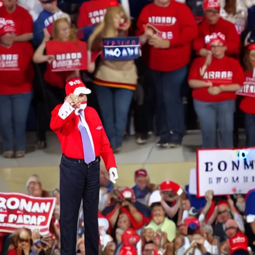 Image similar to Ronald McDonald endorses Trump at a campaign rally