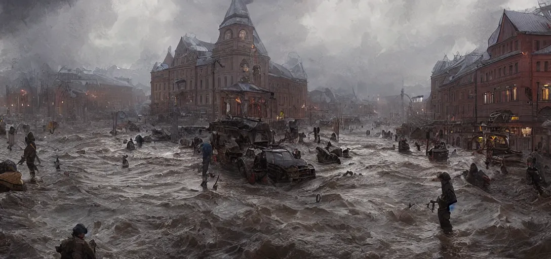 Image similar to famous photo of the flood in oslo, intricate, hyper detailed, 8k, james gurney, greg rutkowski, john howe, artstation