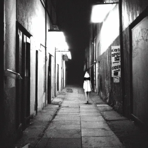 Prompt: a creepy cell phone camera picture of an alleyway in west philadelphia at night, with a college - aged woman in the distance. girl in the photo wearing a navy hoodie. directed by david lynch
