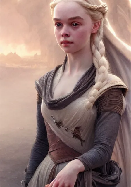 Prompt: daenerys elle fanning, intricate, elegant, highly detailed, digital painting, artstation, concept art, smooth, sharp focus, illustration, art by artgerm and greg rutkowski and alphonse mucha and william - adolphe bouguereau