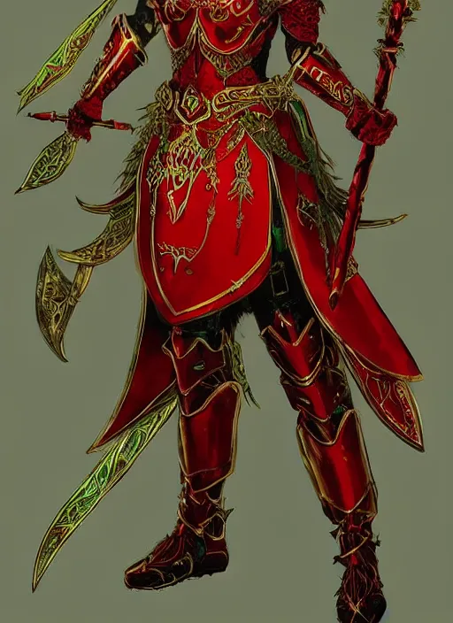 Image similar to Full body portrait of a handsome young red haired elven princess warrior wearing red, green and gold ornate leather armour and golden tiara. In style of Yoji Shinkawa and Hyung-tae Kim, trending on ArtStation, dark fantasy, great composition, concept art, highly detailed.