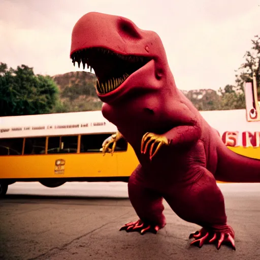 Prompt: a dancing groovy T-rex with sunglasses and a golden tooth, 35mm photography