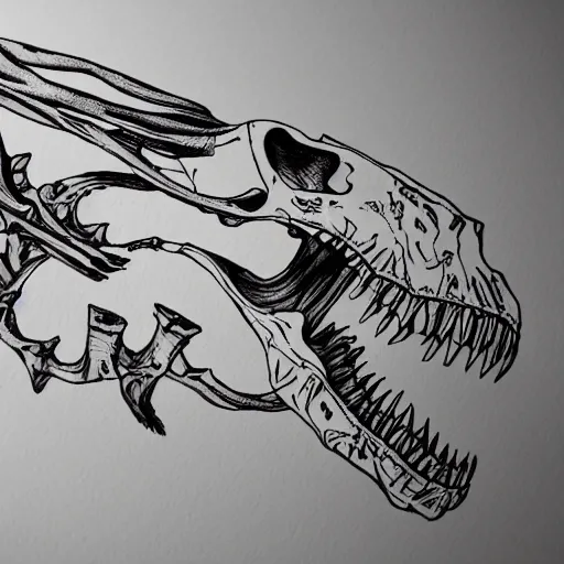 Image similar to dinosaur skeleton outline, black ink on white paper